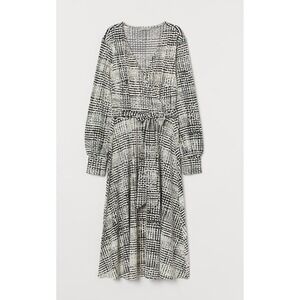 HM Black White Abstract Grid Wrap Midi‎ Dress Long Sleeve XS